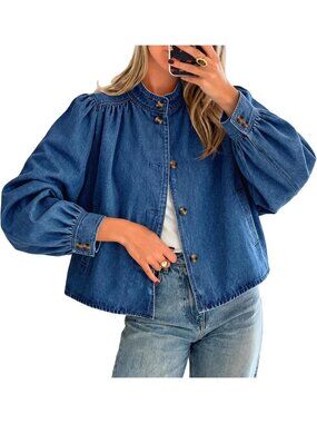 Women’s Jean Blue Puff Sleeve Stand Collar Button Down Loose Fit Jean Jacket